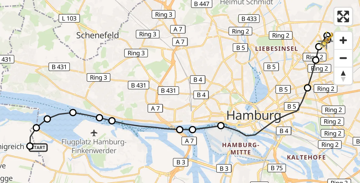 Flugroute Rettungshubschrauber Harburg - Hamburg Military Hospital, 12 März 2026, 08:38