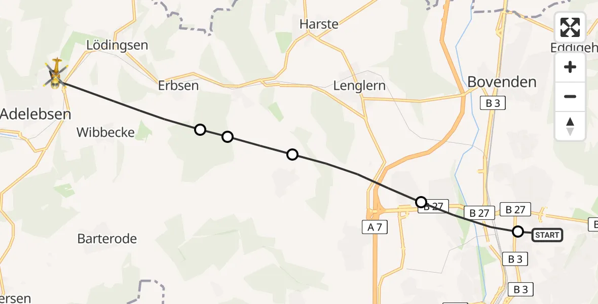 Flugroute Rettungshubschrauber Göttingen University Clinic Heliport - Adelebsen, 12 März 2026, 08:50