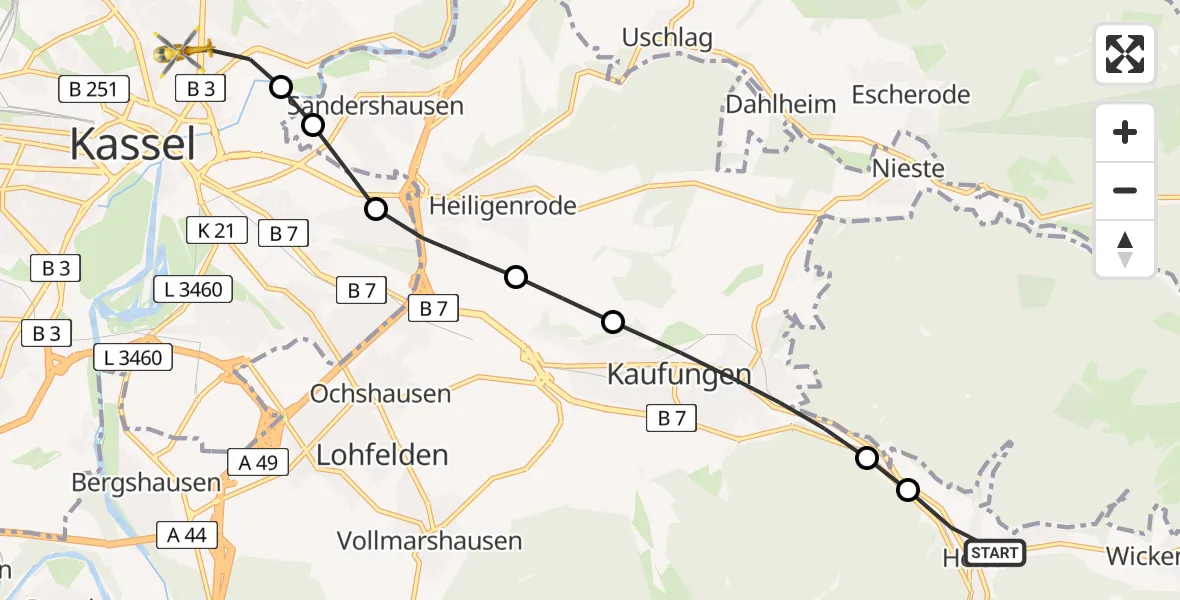 Flugroute Rettungshubschrauber Helsa - Kassel, 12 März 2026, 08:51