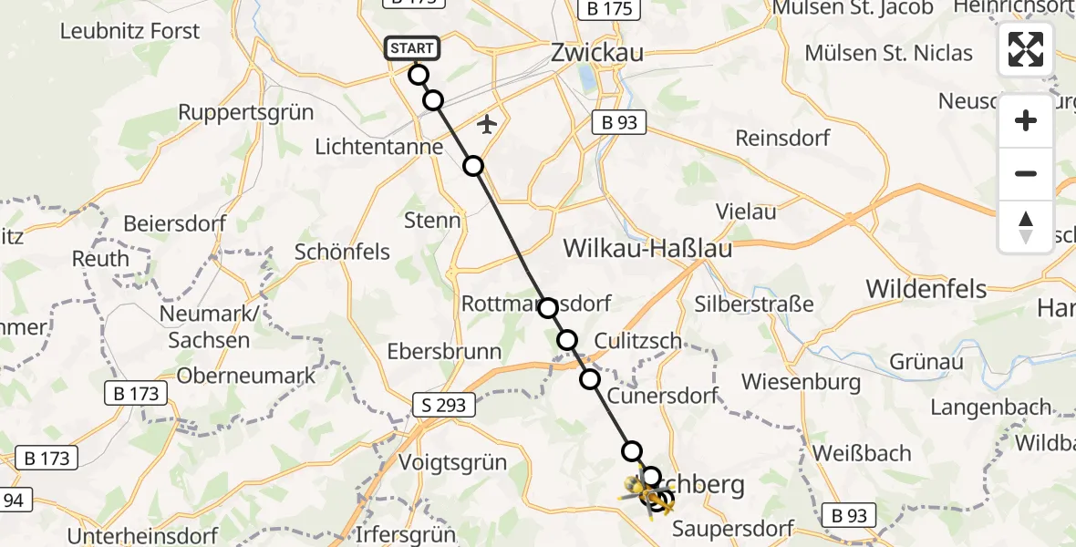 Flugroute Rettungshubschrauber ADAC Air Rescue Station Zwickau Heliport - Kirchberg, 12 März 2026, 08:51