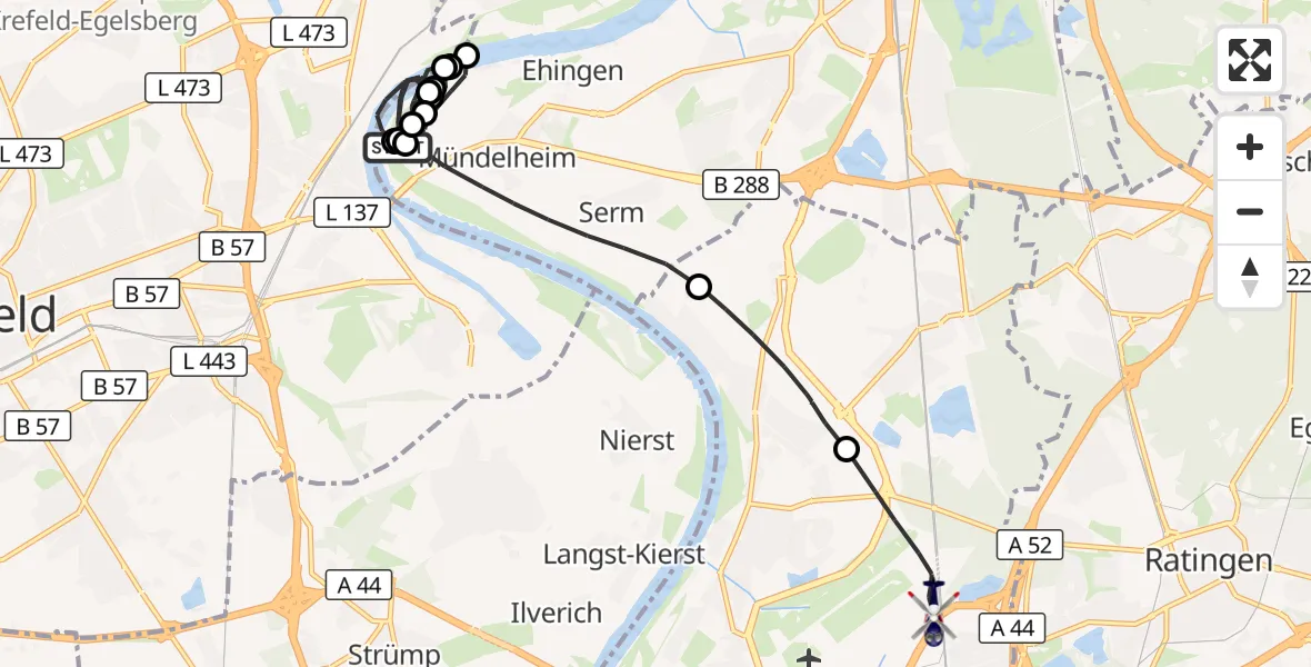 Flugroute Polizeihubschrauber Mündelheim - Düsseldorf Airport, 12 März 2026, 08:55
