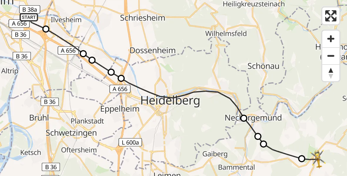 Flugroute Rettungshubschrauber Mannheim-City Airport - Lobenfeld, 12 März 2026, 08:57