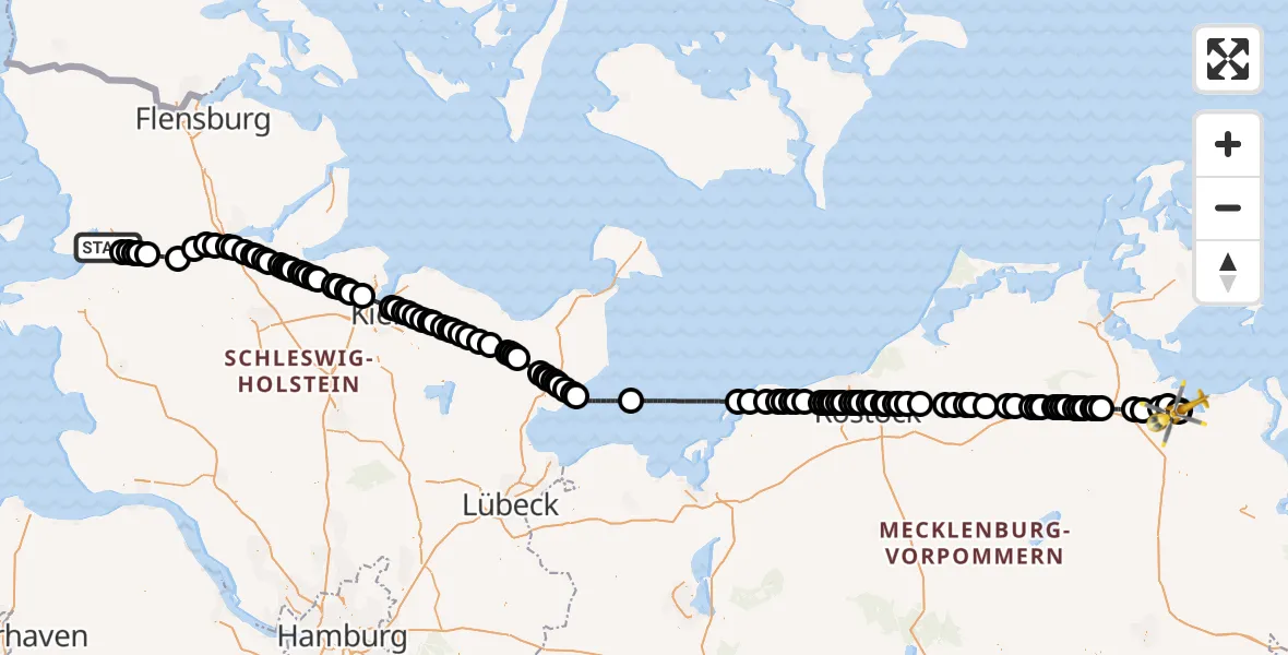 Flugroute Rettungshubschrauber Husum - Greifswald Hospital, 12 März 2026, 08:57
