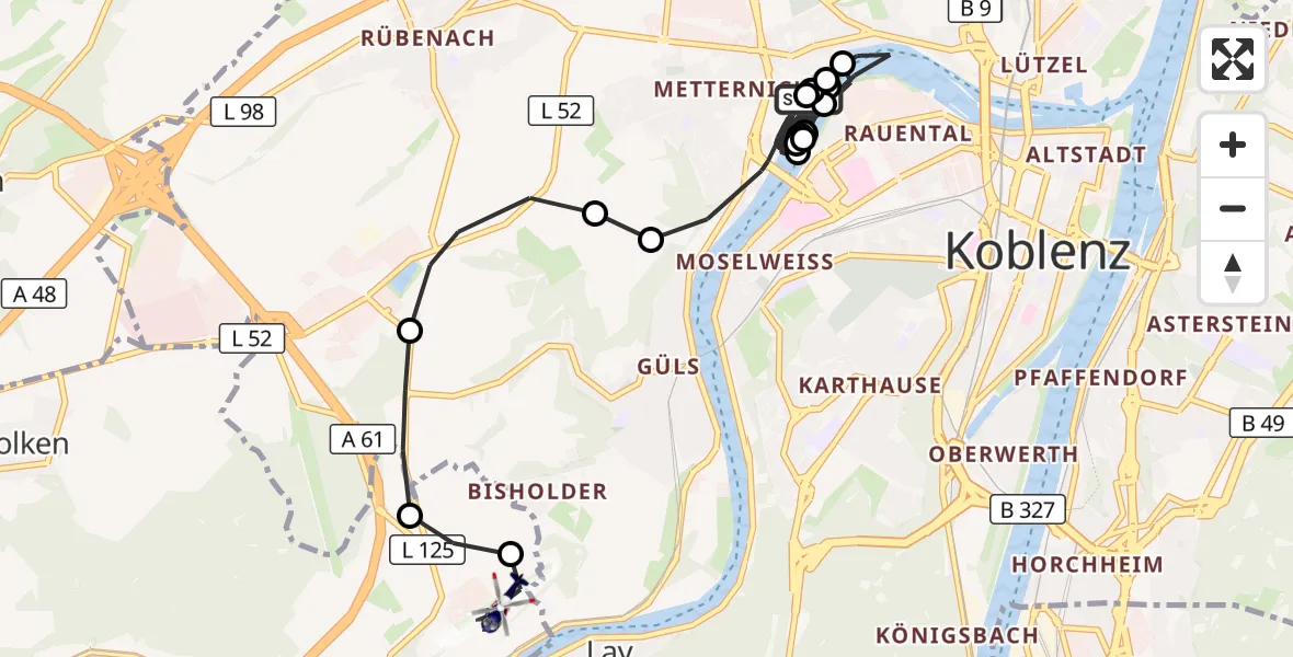 Flugroute Polizeihubschrauber Koblenz - Koblenz-Winningen Airfield, 12 März 2026, 09:02