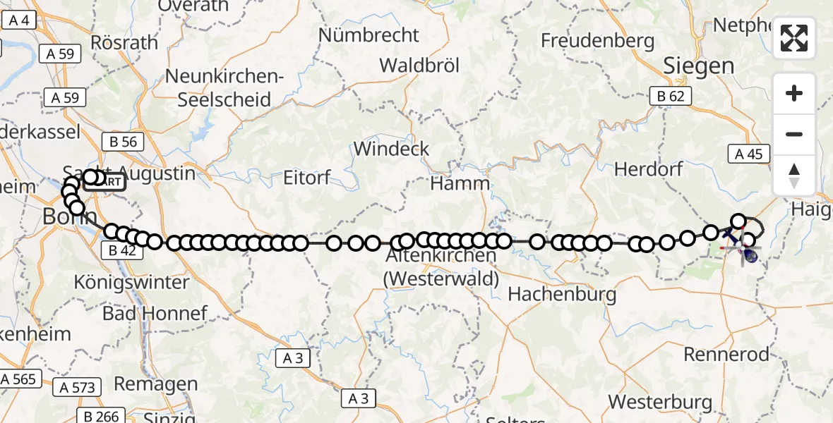 Flugroute Polizeihubschrauber Sankt Augustin - Siegerland Airport, 12 März 2026, 09:03