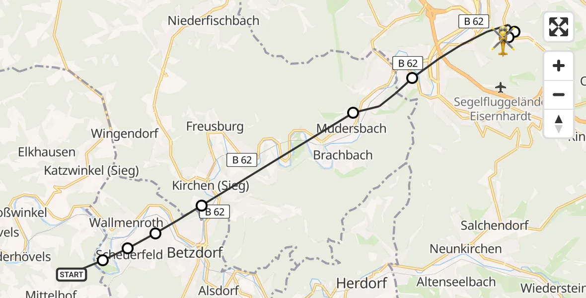 Flugroute Rettungshubschrauber Steckenstein - Evangelisches Jung-Stilling Hospital, 12 März 2026, 09:04