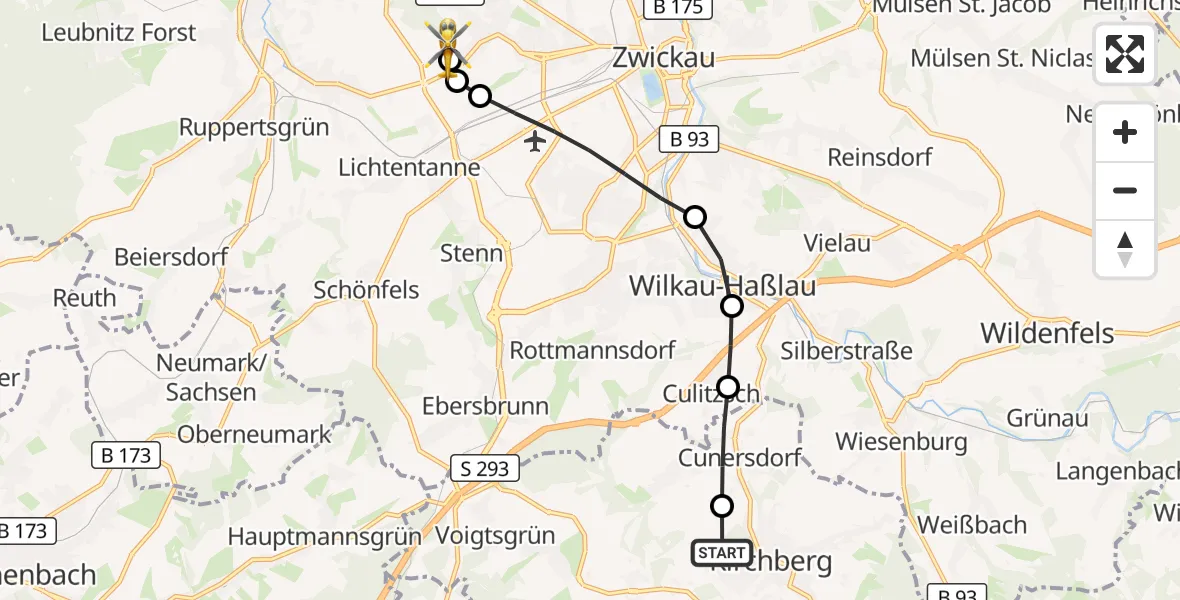 Flugroute Rettungshubschrauber Kirchberg - ADAC Air Rescue Station Zwickau Heliport, 12 März 2026, 09:20