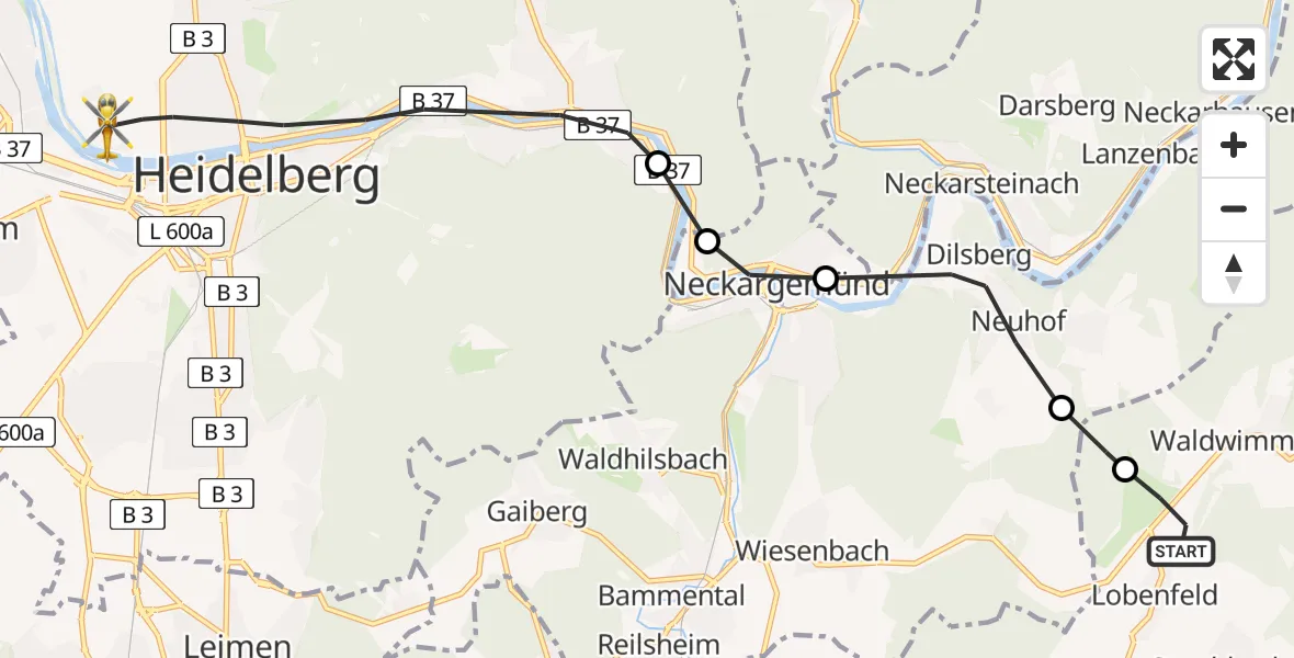 Flugroute Rettungshubschrauber Lobenfeld - Heidelberg, 12 März 2026, 09:35