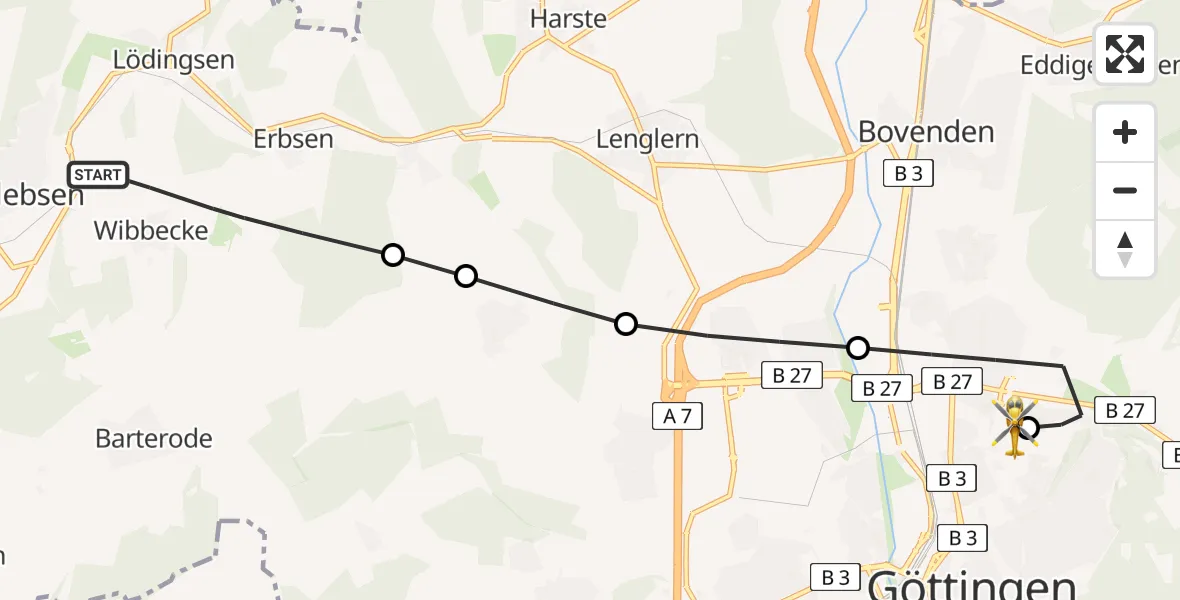 Flugroute Rettungshubschrauber Adelebsen - Göttingen University Clinic Heliport, 12 März 2026, 09:36