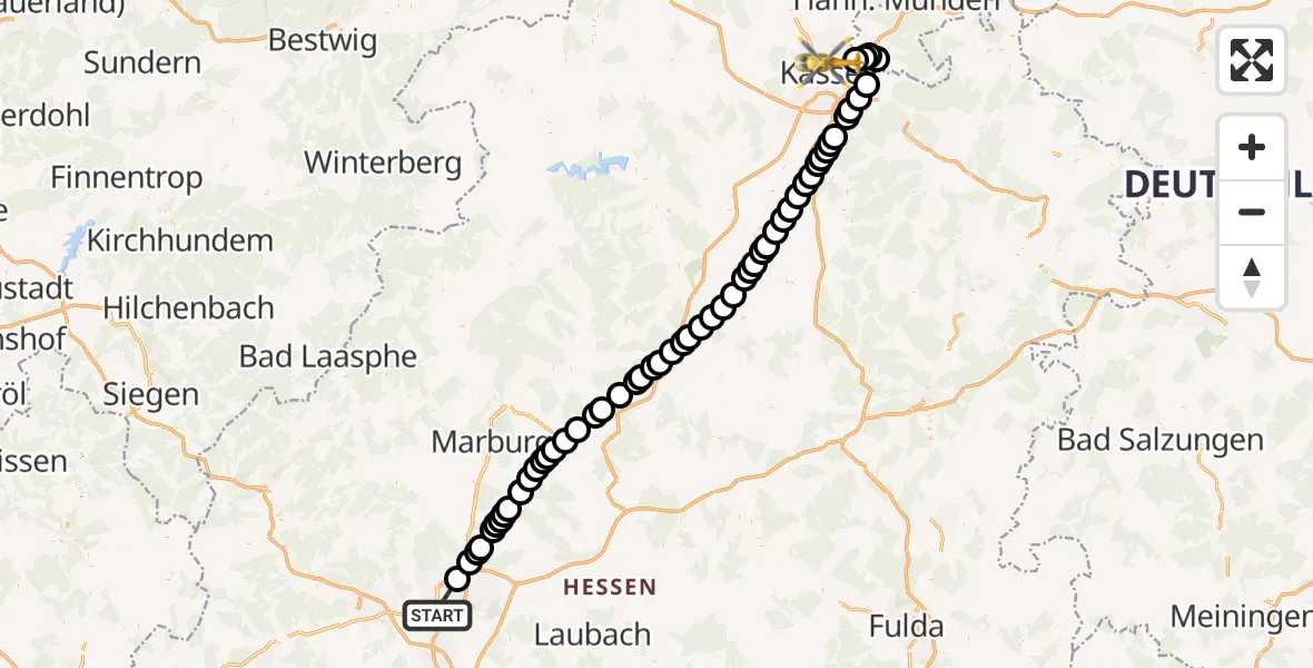 Flugroute Rettungshubschrauber Gießen - Kassel, 12 März 2026, 09:36