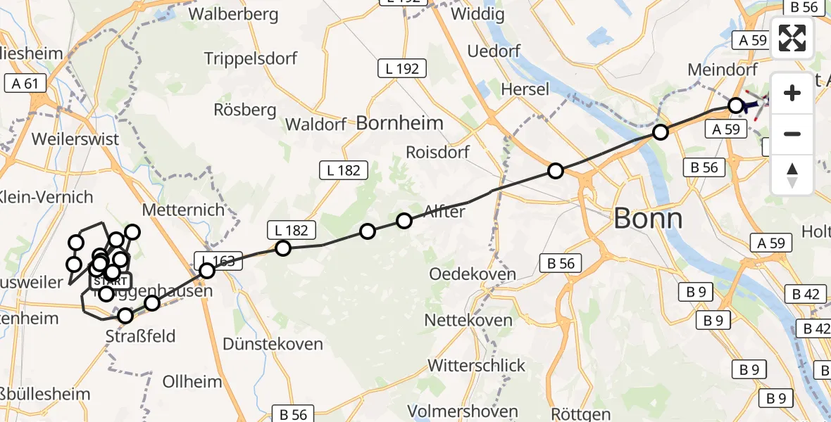 Flugroute Polizeihubschrauber Groß-Vernich - Sankt Augustin, 12 März 2026, 09:50