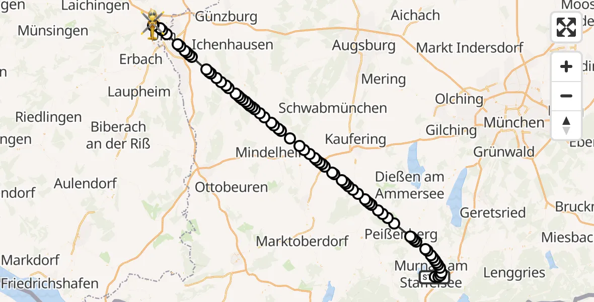 Routekaart van de vlucht: Rettungshubschrauber nach Ulm Military Hospital Emergency