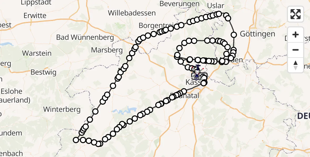 Flugroute Polizeihubschrauber Ihringshausen - Fuldatal Federal Police Heliport, 12 März 2026, 10:02