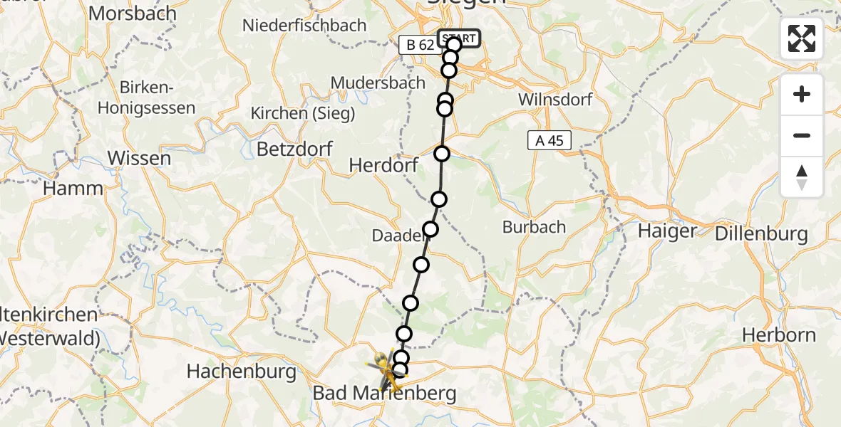 Flugroute Rettungshubschrauber Evangelisches Jung-Stilling Hospital - Bad Marienberg, 12 März 2026, 10:04