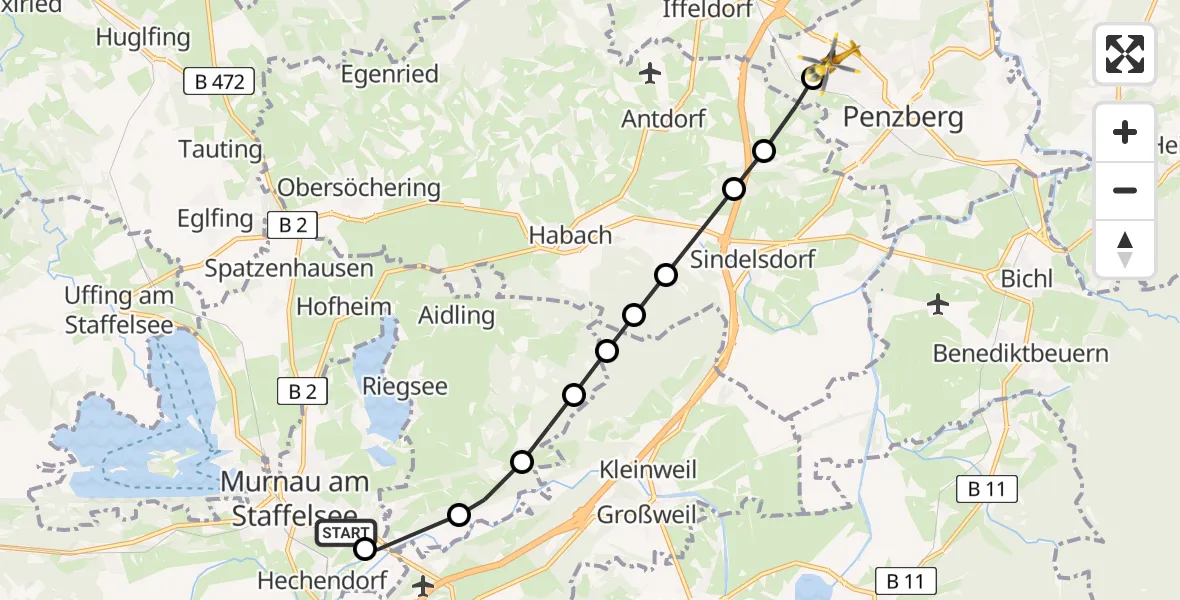 Flugroute Rettungshubschrauber Murnau Accident Hospital - Penzberg, 12 März 2026, 10:08