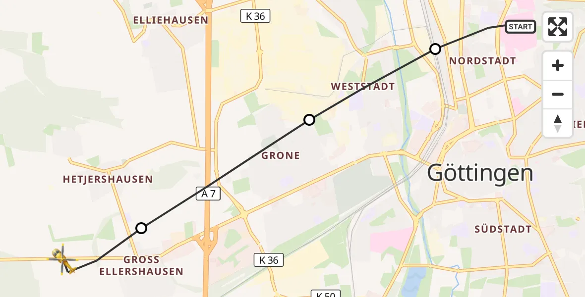 Flugroute Rettungshubschrauber Göttingen University Clinic Heliport - Göttingen, 12 März 2026, 10:15