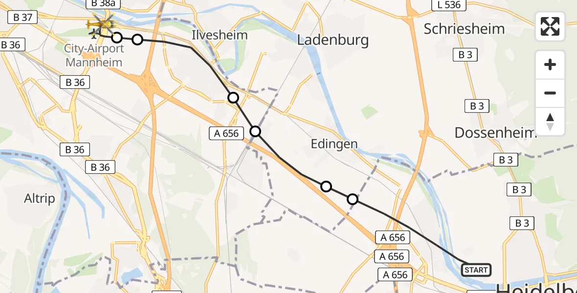 Flugroute Rettungshubschrauber Heidelberg - Mannheim-City Airport, 12 März 2026, 10:20