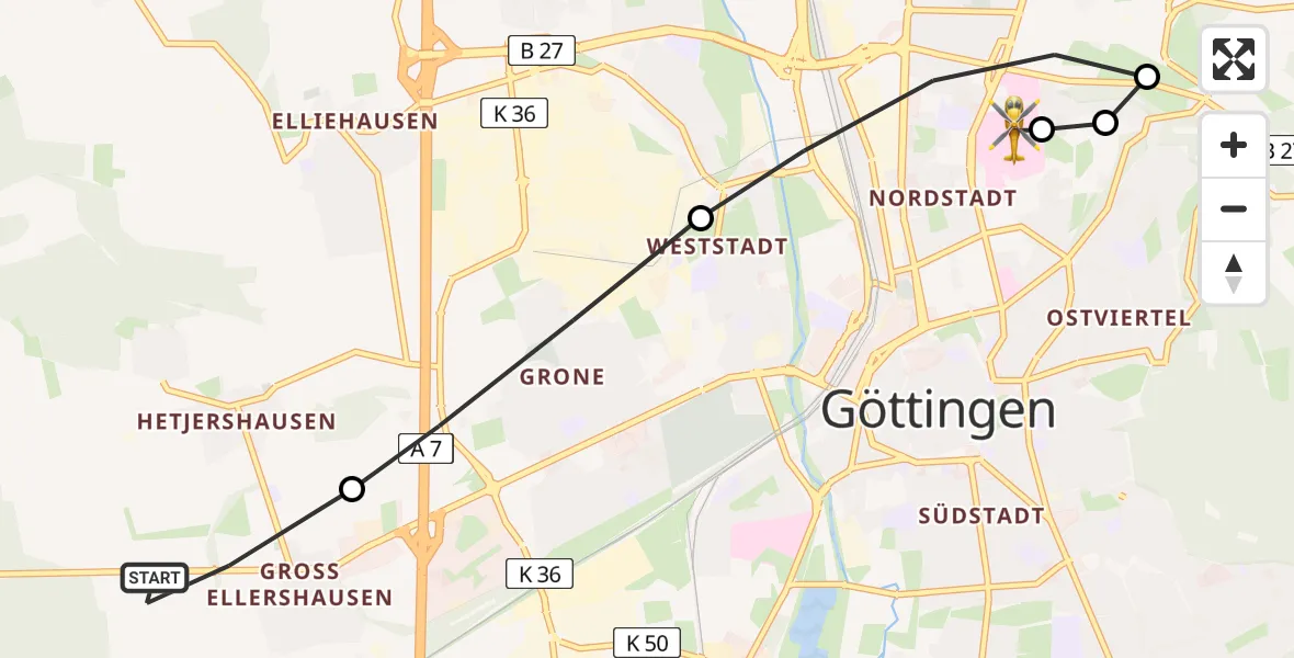 Flugroute Rettungshubschrauber Göttingen - Göttingen University Clinic Heliport, 12 März 2026, 10:23