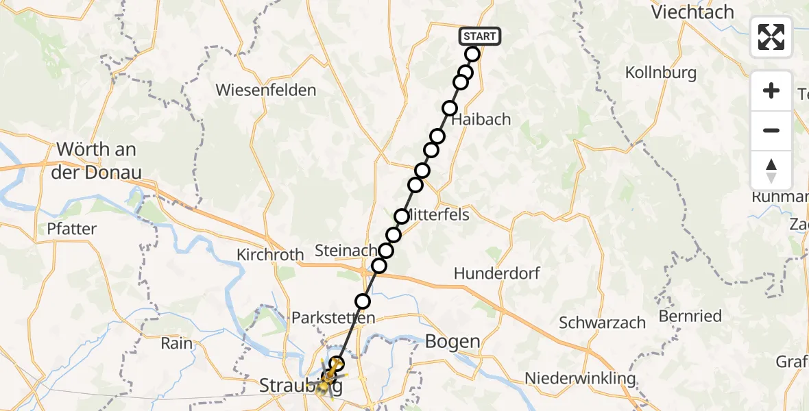 Flugroute Rettungshubschrauber Auggenbach - Sankt Elisabeth Hospital Straubing, 12 März 2026, 10:30