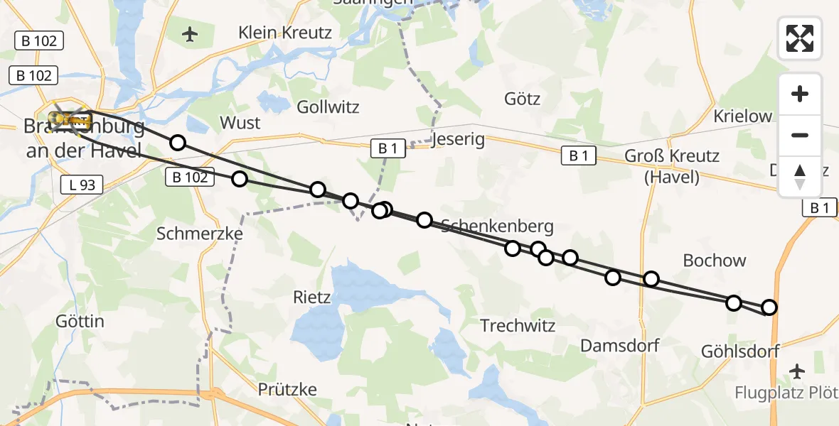 Flugroute Rettungshubschrauber Brandenburg an der Havel - Brandenburg an der Havel, 12 März 2026, 10:33