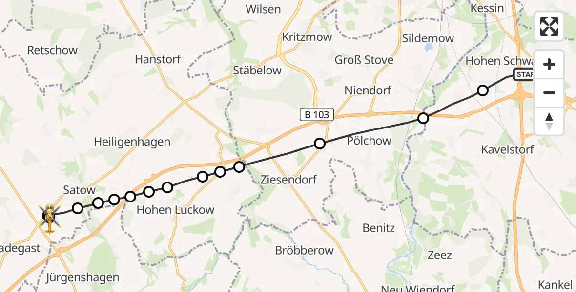 Flugroute Ambulanzhubschrauber Hohen Schwarfs - Satow, 12 März 2026, 10:34