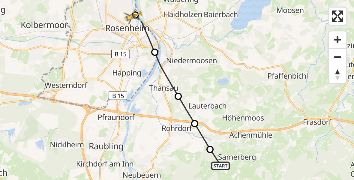 Flugroute Rettungshubschrauber Samerberg - RoMed Hospital Rosenheim, 12 März 2026, 10:36