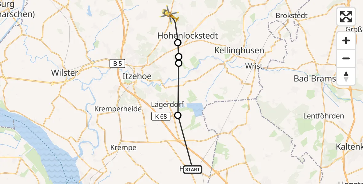 Flugroute Rettungshubschrauber Horst - Itzehoe Hungriger Wolf Airfield, 12 März 2026, 10:36