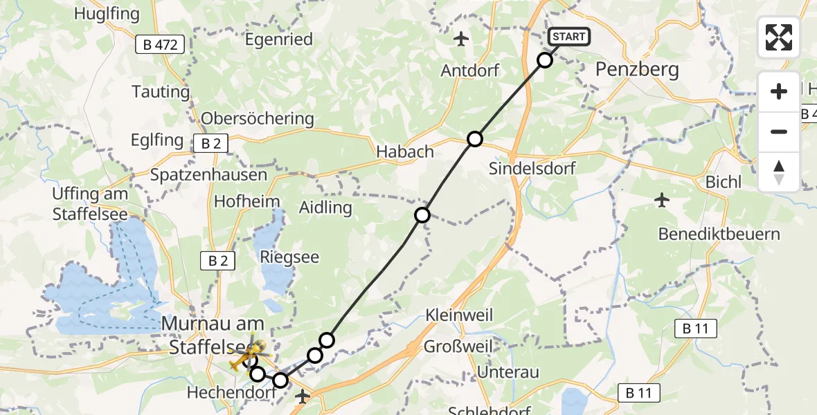 Routekaart van de vlucht: Rettungshubschrauber nach Murnau Accident Hospital