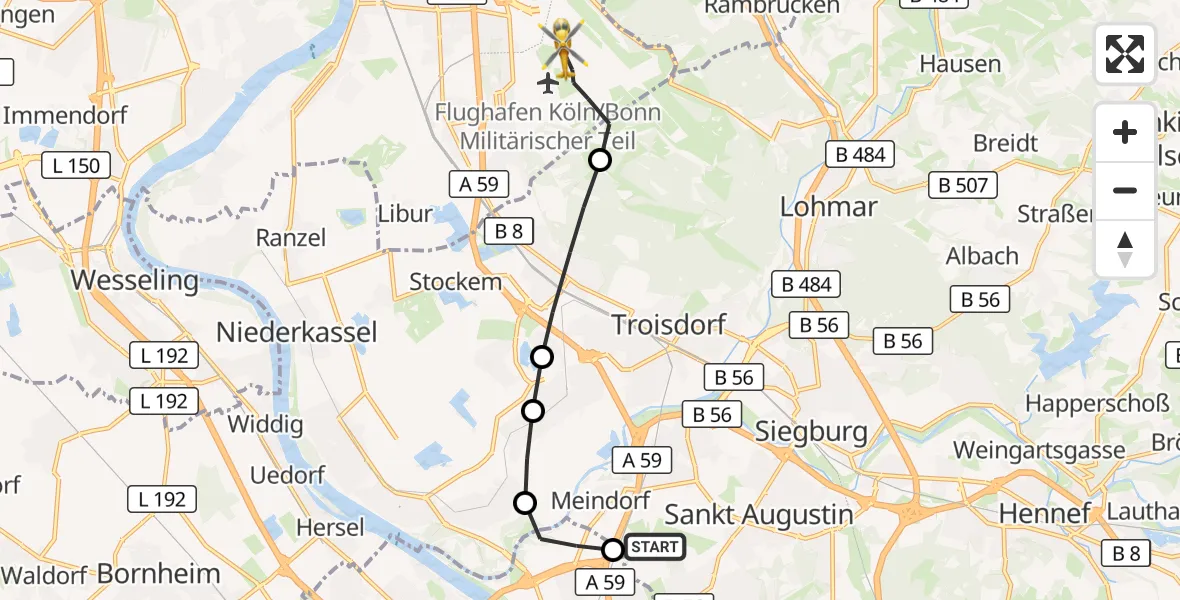 Flugroute Rettungshubschrauber Sankt Augustin - Cologne Bonn Airport, 12 März 2026, 10:48