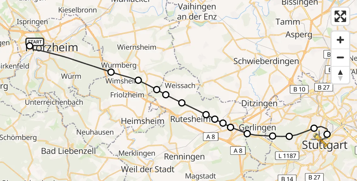Routekaart van de vlucht: Rettungshubschrauber nach Stuttgart, Kriegsbergstraße