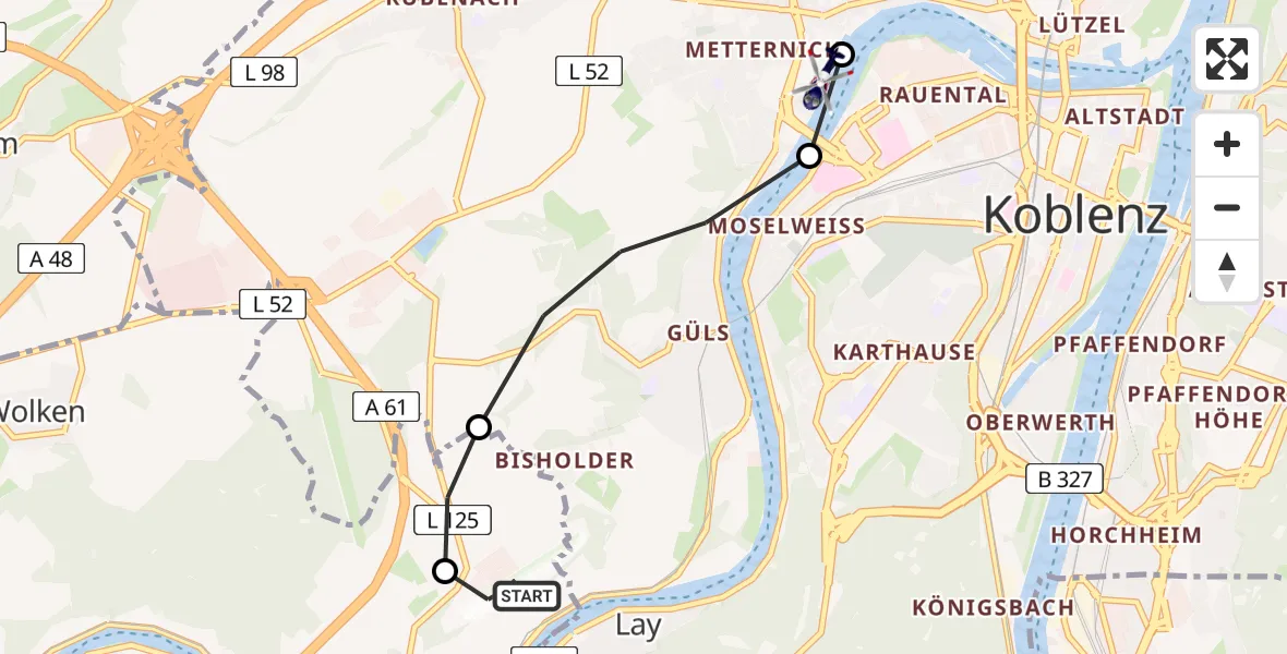Flugroute Polizeihubschrauber Koblenz-Winningen Airfield - Koblenz, 12 März 2026, 10:53