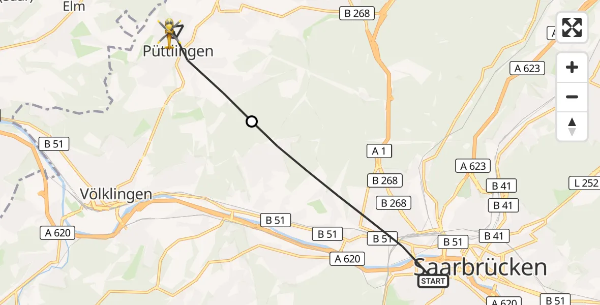 Flugroute Rettungshubschrauber Saarbrücken - Püttlingen, 12 März 2026, 10:58