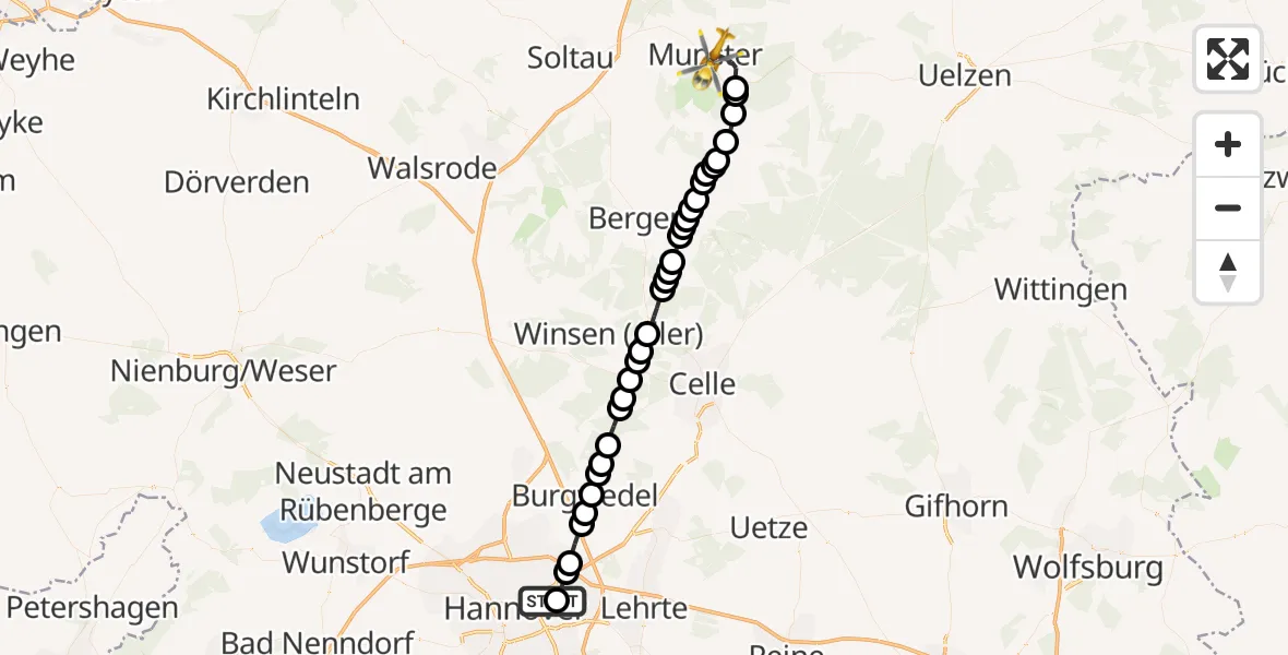 Flugroute Rettungshubschrauber Hannover Air Rescue Heliport (Christoph 4) - Munster, 12 März 2026, 10:59
