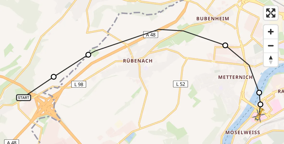 Flugroute Rettungshubschrauber Bassenheim - Kemperhof Koblenz Clinic Heliport, 12 März 2026, 11:10