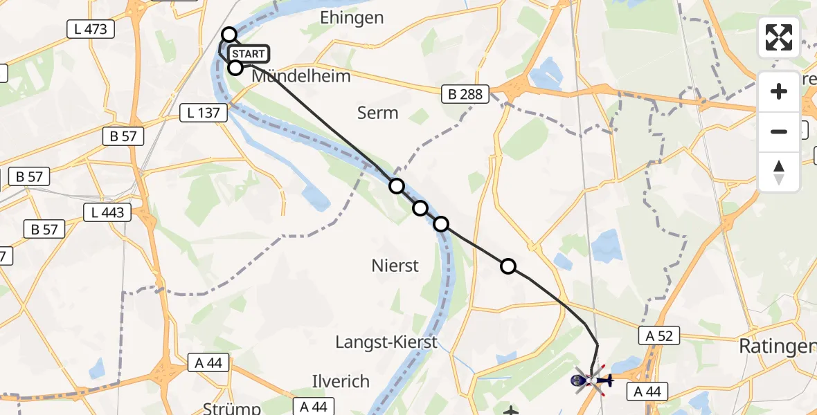 Flugroute Polizeihubschrauber Mündelheim - Düsseldorf Airport, 12 März 2026, 11:18
