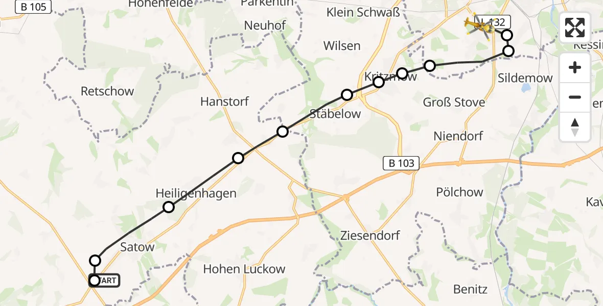 Flugroute Ambulanzhubschrauber Satow - Ortsbeirat 12 : Südstadt, 12 März 2026, 11:22