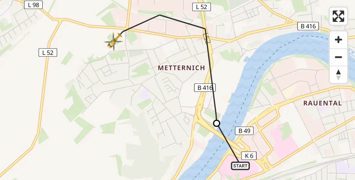 Flugroute Rettungshubschrauber Kemperhof Koblenz Clinic Heliport - Koblenz, 12 März 2026, 11:25