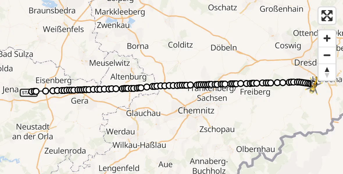 Flugroute Ambulanzhubschrauber Jena-Schöngleina Airfield - Bavaria Hospital Kreischa, 12 März 2026, 11:31