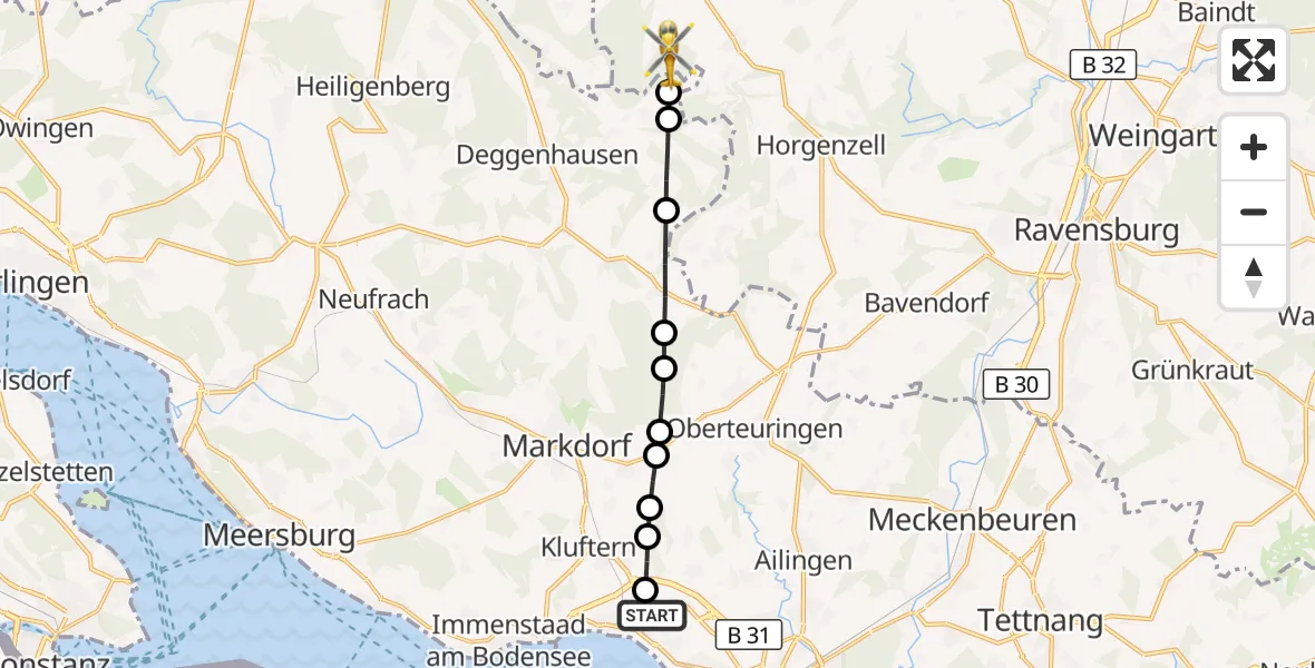 Flugroute Rettungshubschrauber Friedrichshafen Hospital - Hasenweiler, 12 März 2026, 11:46