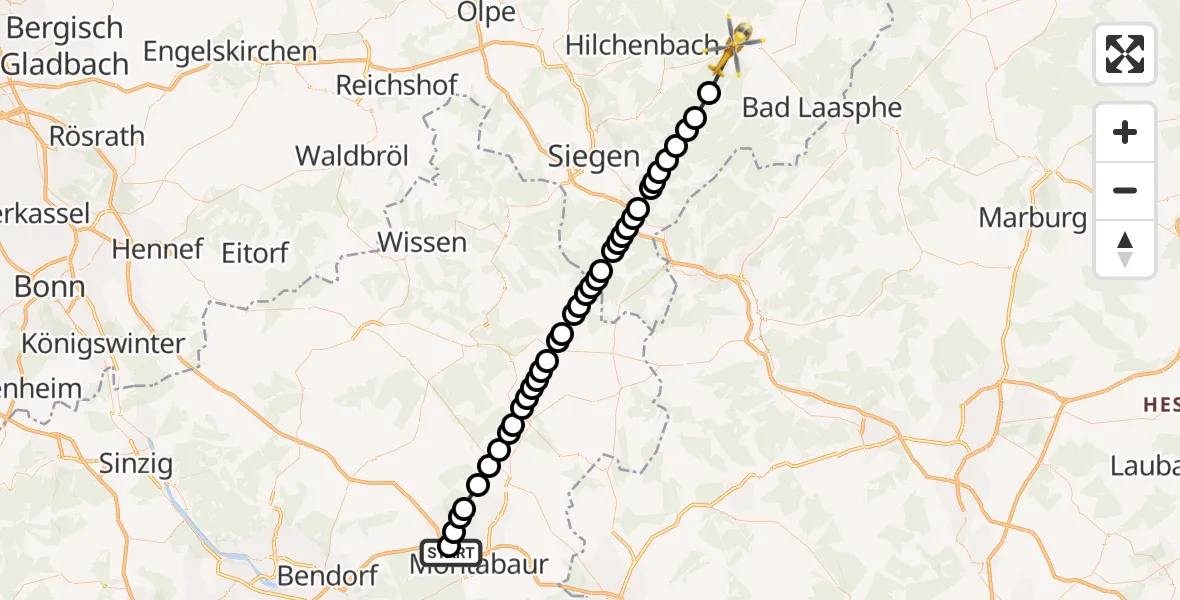 Flugroute Rettungshubschrauber Dernbach Sacred Heart Hospital - Erndtebrück, 12 März 2026, 11:46
