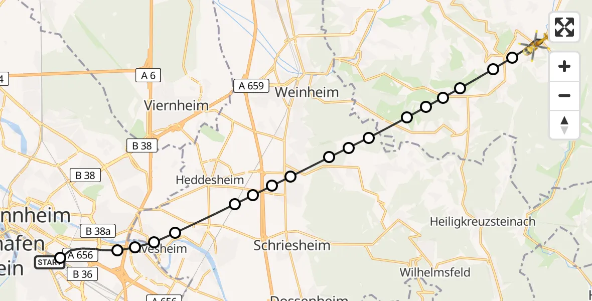 Flugroute Rettungshubschrauber Mannheim - Wald-Michelbach, 12 März 2026, 11:48