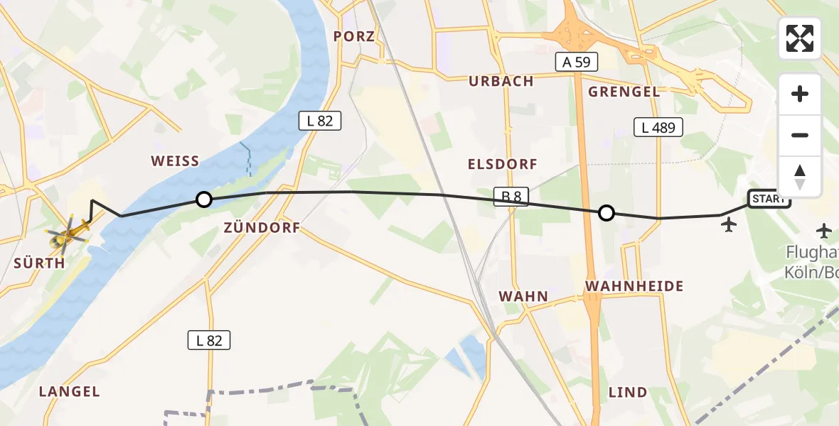Flugroute Rettungshubschrauber Cologne Bonn Airport - Rodenkirchen, 12 März 2026, 11:49
