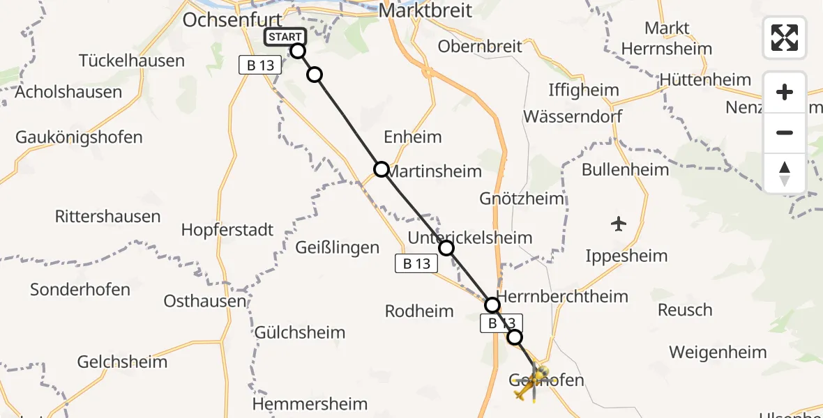 Flugroute Rettungshubschrauber Ochsenfurt Hospital - Gollhofen, 12 März 2026, 11:49