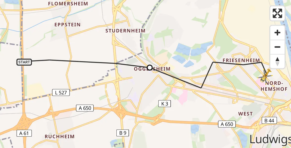 Flugroute Rettungshubschrauber Frankenthal (Pfalz) - Ludwigshafen am Rhein, 12 März 2026, 11:53