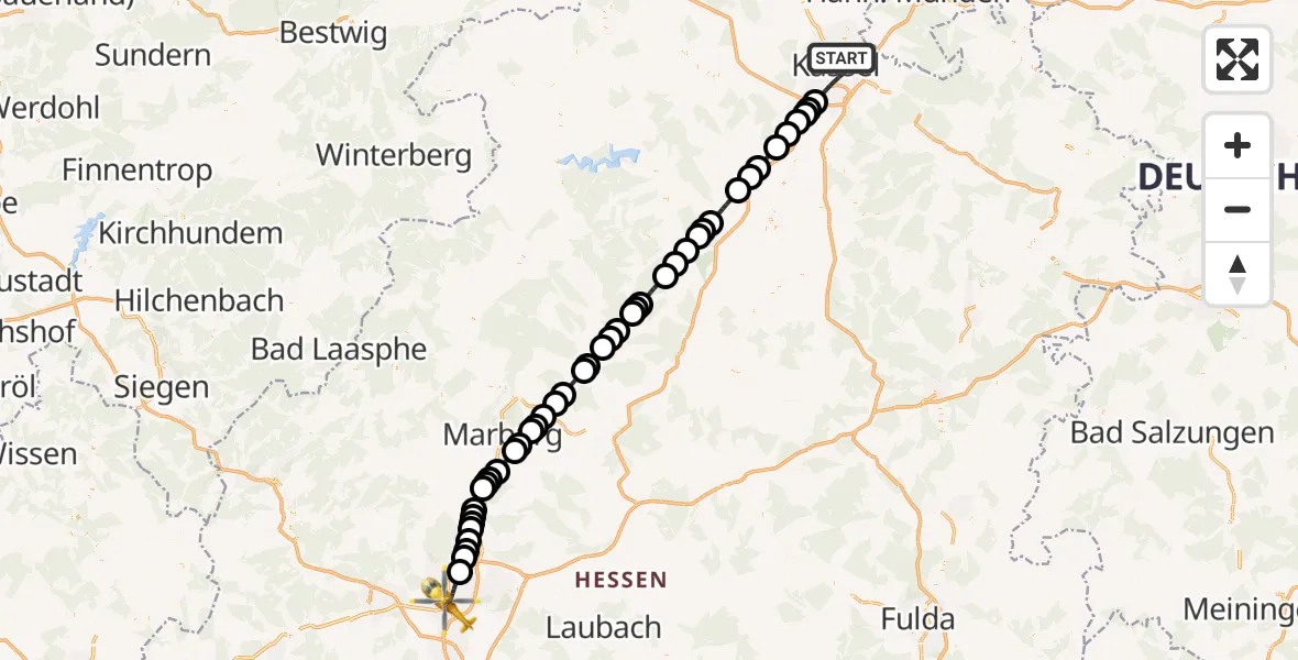 Flugroute Rettungshubschrauber Kassel - Gießen, 12 März 2026, 12:02