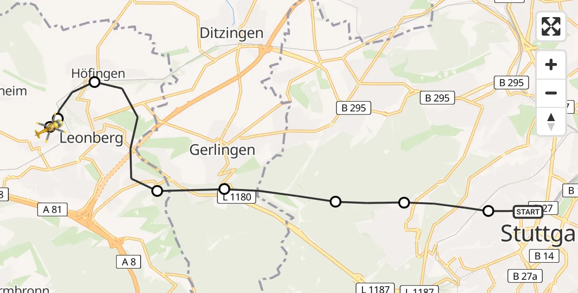 Flugroute Rettungshubschrauber Stuttgart - Leonberg Hospital, 12 März 2026, 12:06