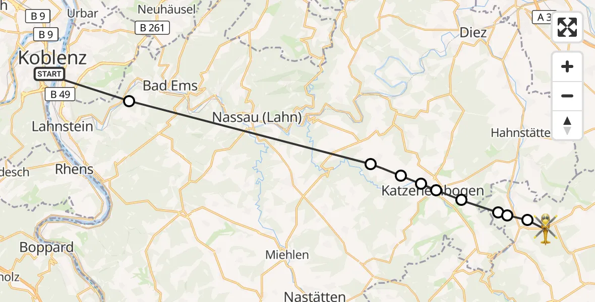 Flugroute Ambulanzhubschrauber Koblenz - Kettenbach, 12 März 2026, 12:08