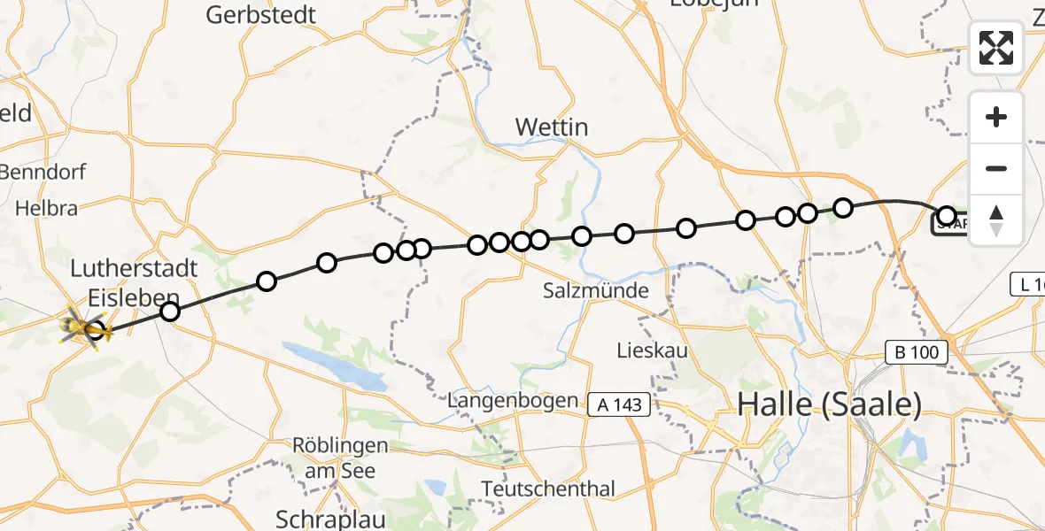 Flugroute Rettungshubschrauber Halle-Oppin Airfield - Wolferode, 12 März 2026, 12:10