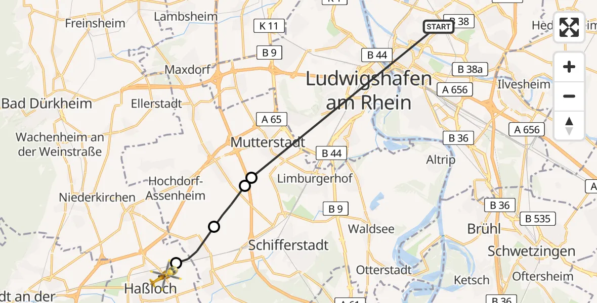 Flugroute Rettungshubschrauber Neckarstadt-Ost/Wohlgelegen - Haßloch, 12 März 2026, 12:18