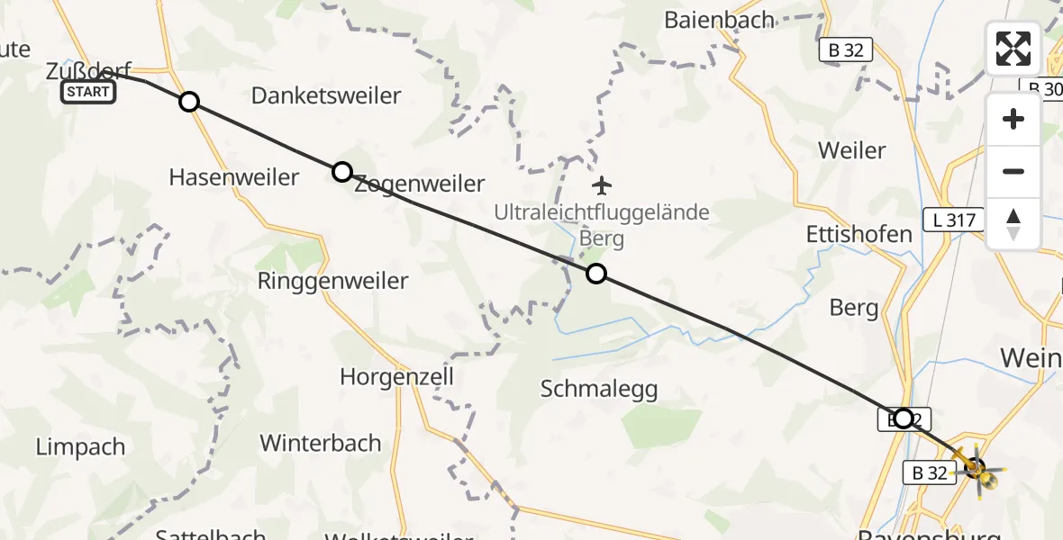 Flugroute Rettungshubschrauber Wilhelmsdorf - Sankt Elisabeth Hospital Heliport, 12 März 2026, 12:21